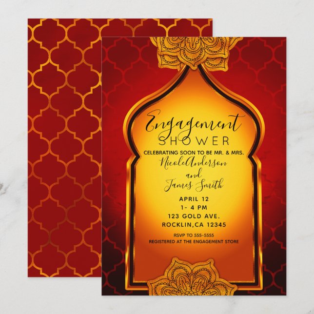 Invitation Rouge Incandescent Or Indien Arabe Fiançailles Dou (Devant / Derrière)