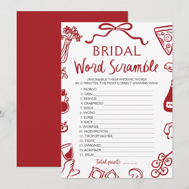 Invitation Rouge Italien Main Tirée Bridal Word Scramble Jeu (Devant / Derrière)
