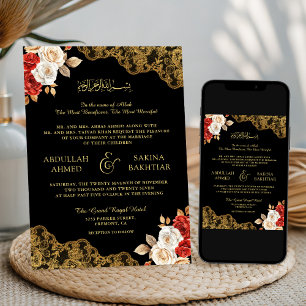 Invitation Rouge ivoire Floral Or dentelle Noir Musulman Mari