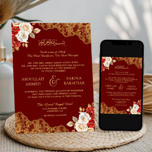 Invitation Rouge Ivoire Floral Or Lace Marron Mariage Musulma