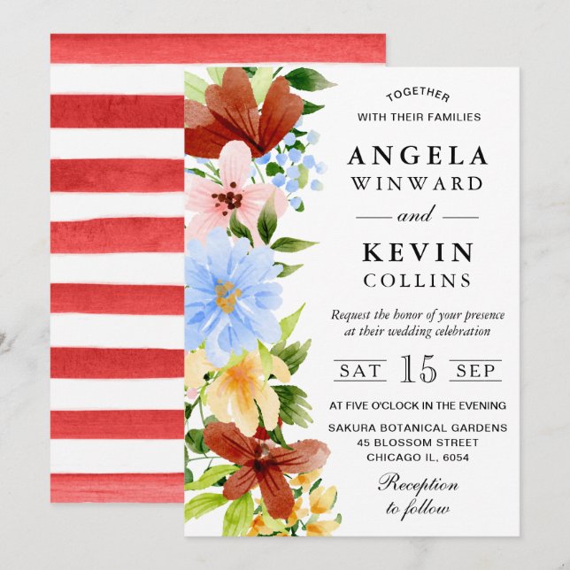 Invitation Rouge Jaune et Bleu Mariage Fleurs Boho (Devant / Derrière)