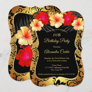 Invitation Rouge Jaune Or Noir Hibiscus Damas Fête d'annivers