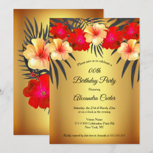 Invitation Rouge Jaune Or Noir Palmier Hibiscus Fête d'annive