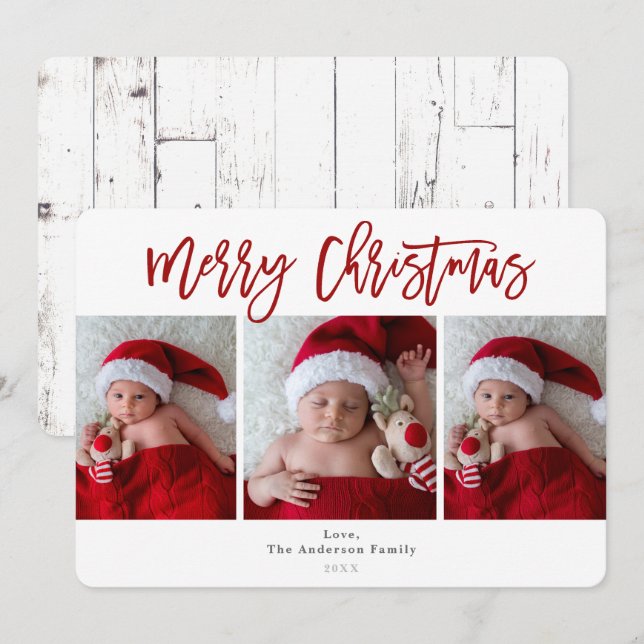Invitation Rouge Joyeux Noël Bois Blanc Fête Photo (Devant / Derrière)