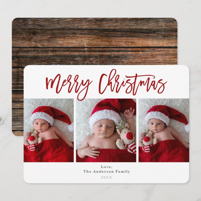 Invitation Rouge Joyeux Noël Rustique Bois Fête Photo (Devant / Derrière)