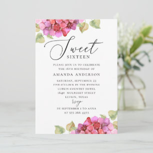Invitation Rouge lilas rose Sucré 16. Anniversaire floral aqu