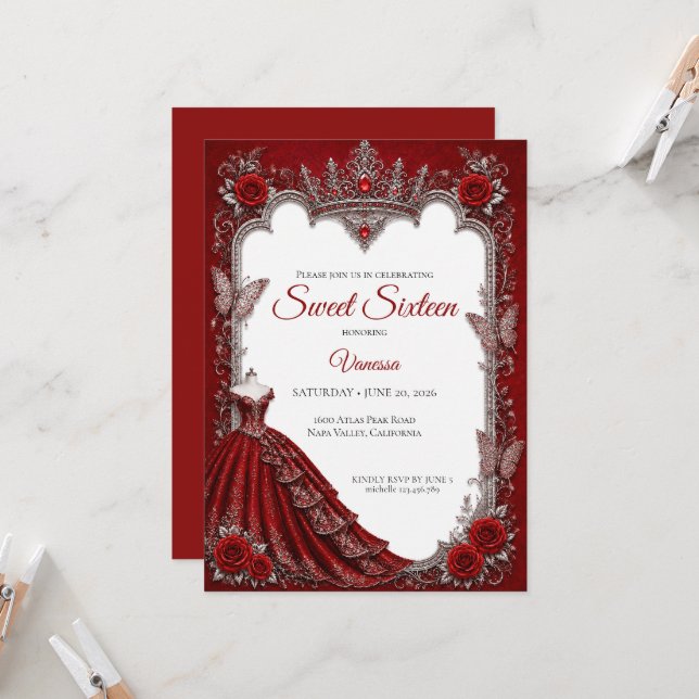 Invitation Rouge Luxe Princesse Douce 16 (Devant/Arrière en situation)