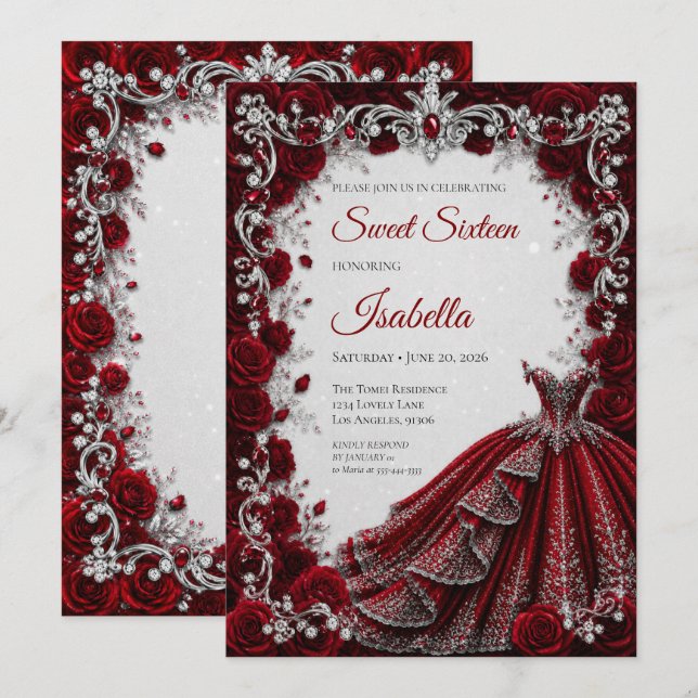 Invitation Rouge Luxe Princesse Sweet Seize (Devant / Derrière)