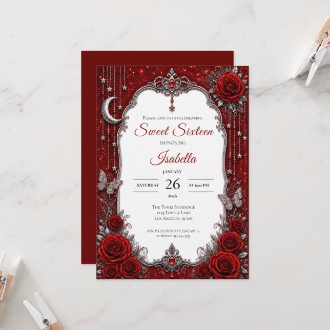 Invitation Rouge Luxueux Argent Princesse Sweet 16 (Devant/Arrière en situation)
