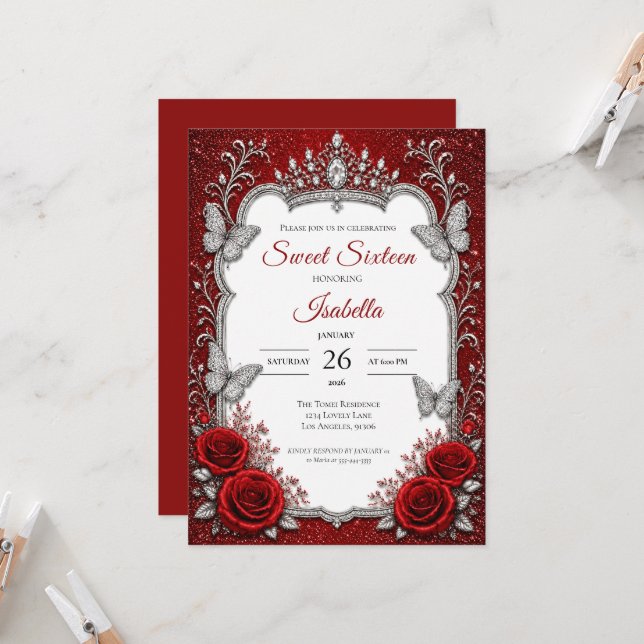 Invitation Rouge Luxueux Argent Princesse Sweet 16 (Devant/Arrière en situation)