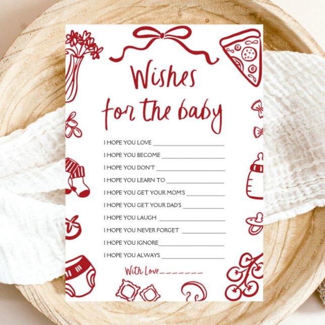 Invitation Rouge Main Tirée Italienne Souhaits Pour Baby Cons (Red Hand Drawn Italian Wishes For Baby Advice Game)