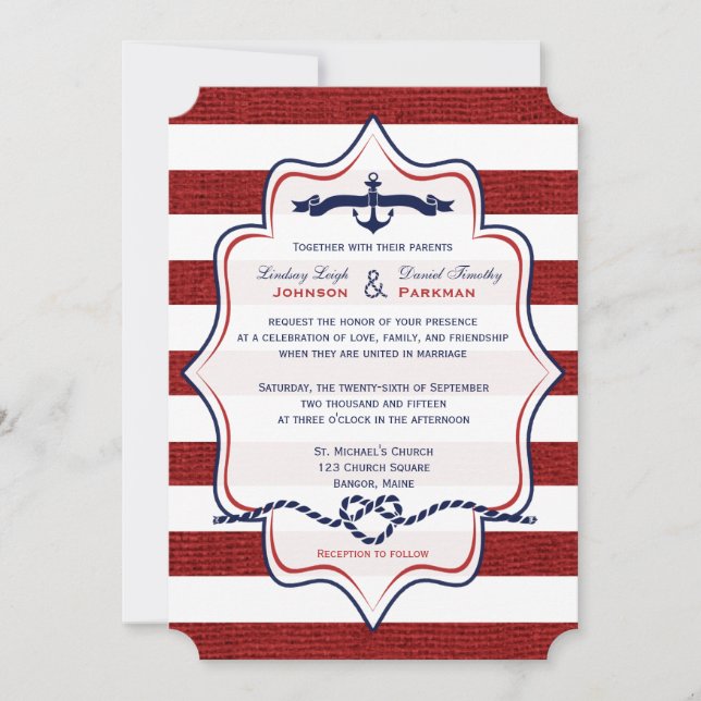 Invitation Rouge, Marine Nautical, FAUX Burlap Stripes Mariag (Devant)