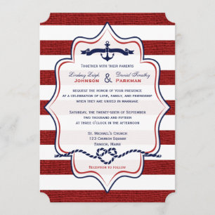Invitation Rouge, Marine Nautical, FAUX Burlap Stripes Mariag