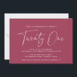 Invitation Rouge marron | Typographie simple 21e anniversaire<br><div class="desc">Invitations modernes de 21ème anniversaire avec "vingt un" dans un script manuscrit. Conception simple,  texte seulement avec police blanche sur arrière - plan rouge.</div>