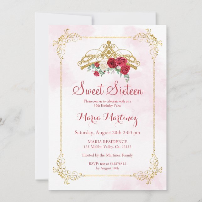 Invitation Rouge Marsala Fleurs Roses Blush Rose Sweet 16  (Devant)