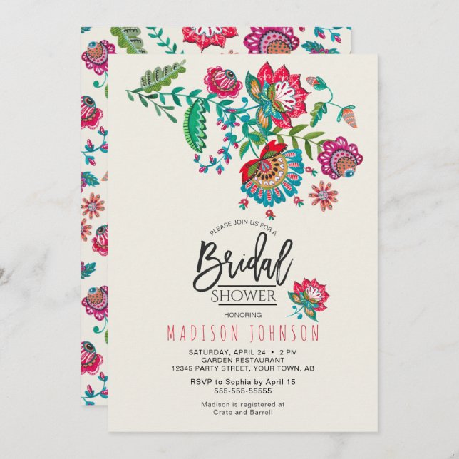 Invitation Rouge mexicain joyeux & Turquoise Folk art Floral (Devant / Derrière)