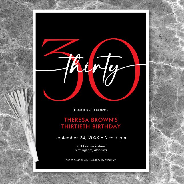 Invitation Rouge minimaliste moderne 30 Script Anniversaire (Modern Minimal Red Thirty Script Birthday Invitation)