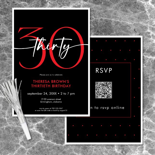 Invitation Rouge minimaliste moderne 30 Script Anniversaire Q (Modern Minimal Red Thirty Script Birthday QR Invitation)