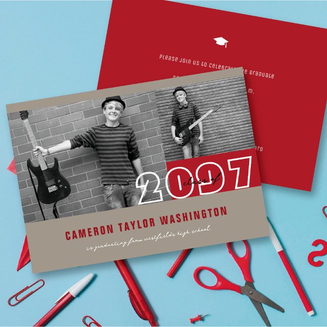 Invitation Rouge Moderne 2 Blocs Photo Simples Fête de Remise (Modern Red 2 Photo Blocks Simple Graduation Announcement & Party Invitation @ fatfatin)