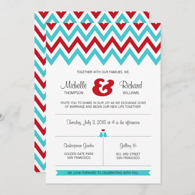 Invitation Rouge moderne et Aqua Chevron & Lovebirds Mariage (Devant / Derrière)