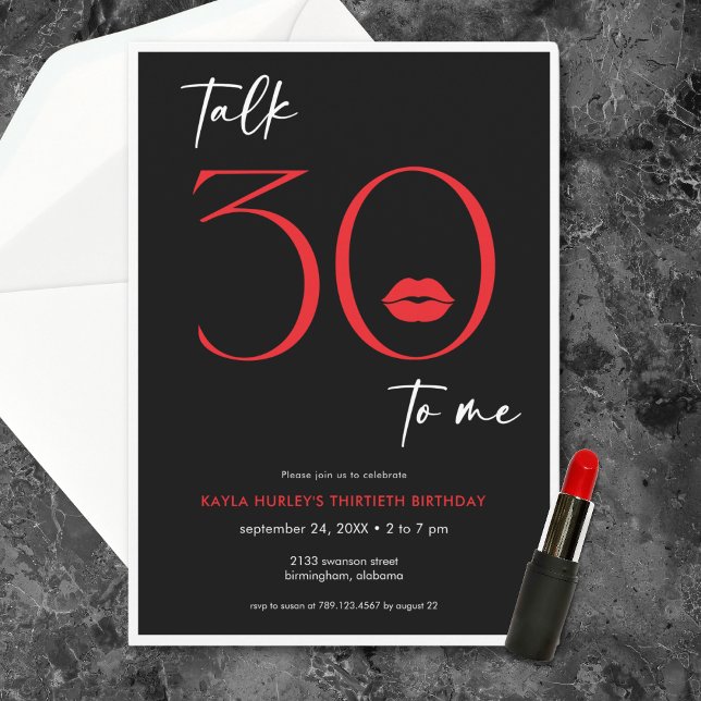 Invitation Rouge Moderne Lèvres Minimales Parler Trente Anniv (Red Modern Minimal Lips Talk Thirty Birthday Invitation)