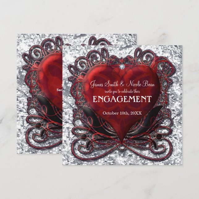 Invitation Rouge Noir Argent Saint-Valentin Cœur Gothique Rom (Devant / Derrière)