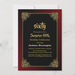 Invitation Rouge noir avec cadre or Surprise 60e anniversaire
