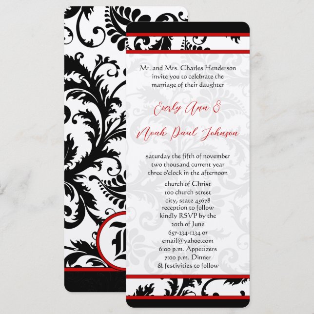 Invitation Rouge noir blanc 9x4 Damask Mariage unique (Devant / Derrière)