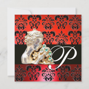 INVITATION ROUGE, NOIR, BLANC DAMAS JEWEL MONOGRAMME