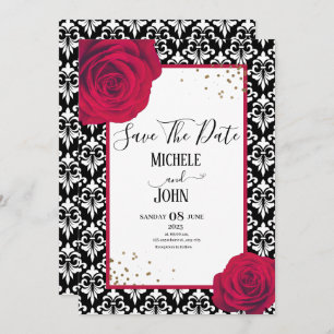 Invitation Rouge noir & blanc damask enregistrer la date