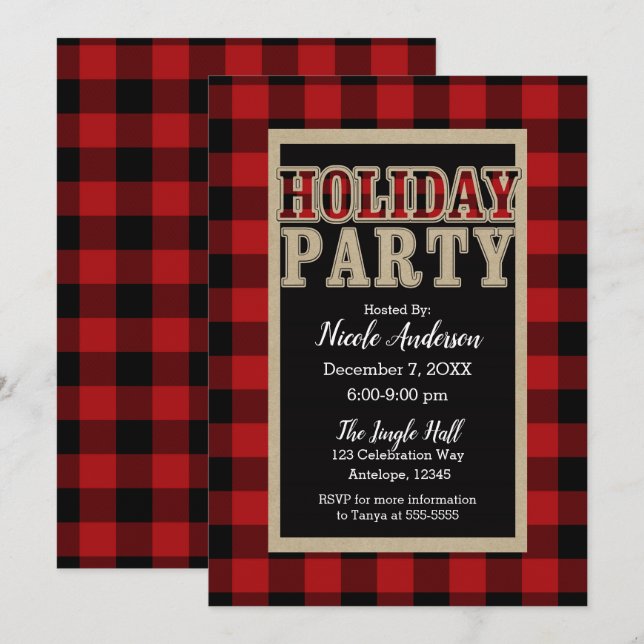 Invitation Rouge Noir Buffalo Carreaux Fête Rustique de Fêtes (Devant / Derrière)