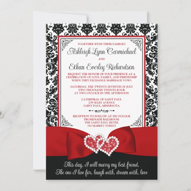 Invitation Rouge, Noir Damask Love Hearts Mariage (Devant)