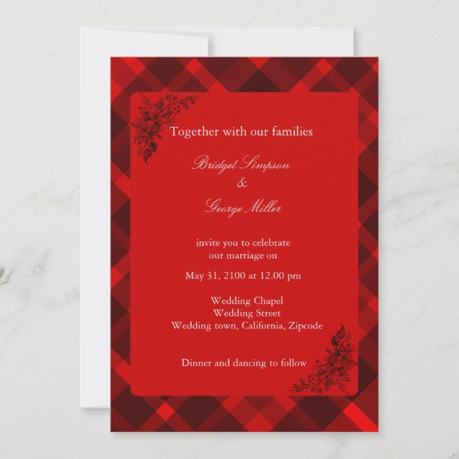 Invitation rouge noir écossais celtique tartan mariage motif (Devant)