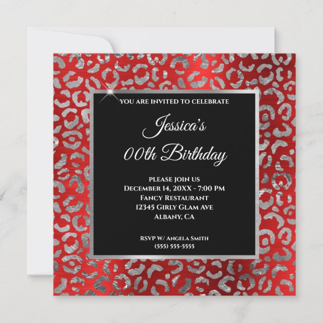 Invitation Rouge Noir et Argent Léopard Feuille Anniversaire  (Devant)