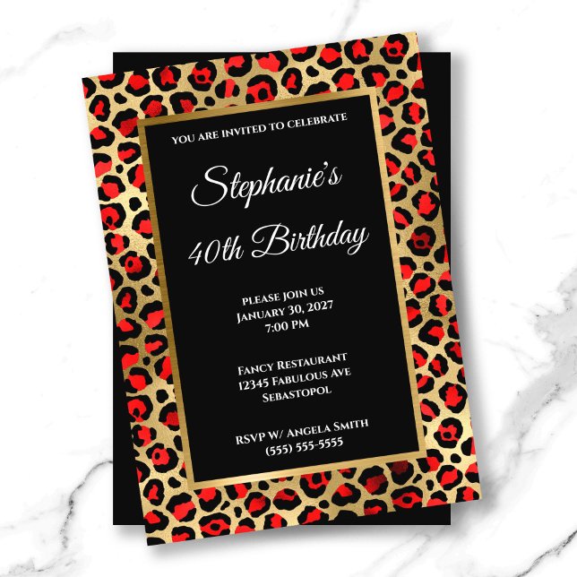 Invitation Rouge Noir et Or Léopard Glam 40e Anniversaire (Red Black and Gold Leopard Glam 40th Birthday Invitation)