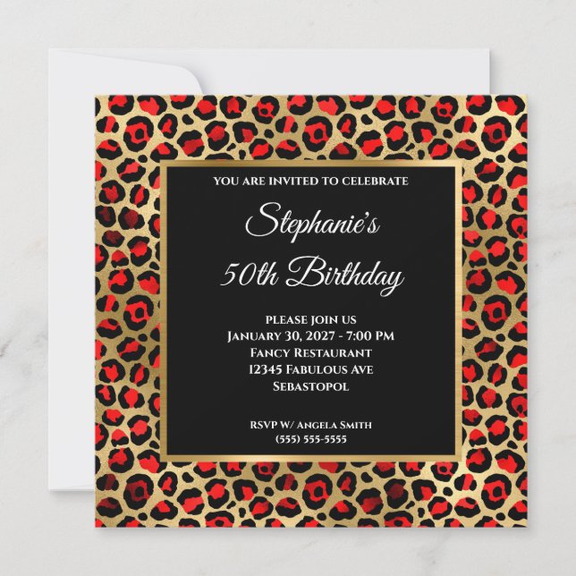 Invitation Rouge Noir et Or Léopard Glam 50e Anniversaire (Devant)