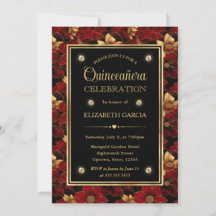 Invitation Rouge Noir et Or Marbre Floral Quinceanera
