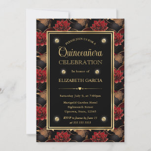 Invitation Rouge Noir et Or Marbre Floral Quinceanera