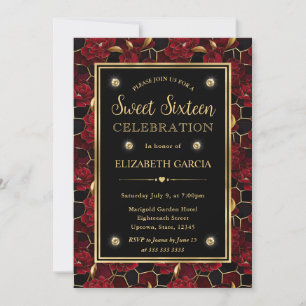 Invitation Rouge, Noir et Or Marbre Floral Sweet Sixteen