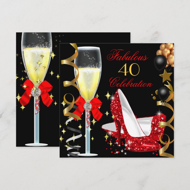 Invitation Rouge Noir Or 40 & Fabuleux Fête d'anniversaire 40 (Devant / Derrière)
