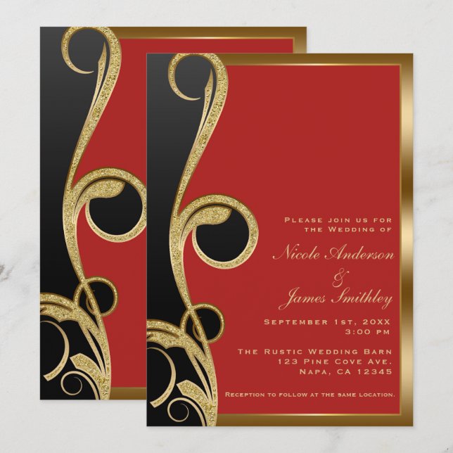 Invitation Rouge Noir & Or Moderne Élégant Mariage au Tourbil (Devant / Derrière)
