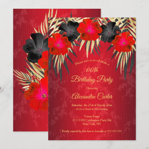Invitation Rouge Noir Palmiers Hibiscus Damassé Anniversaire