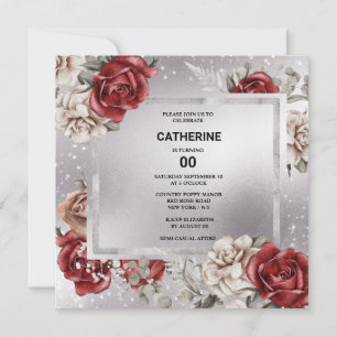 Invitation Rouge noir rose floral argent chic n'importe quel 