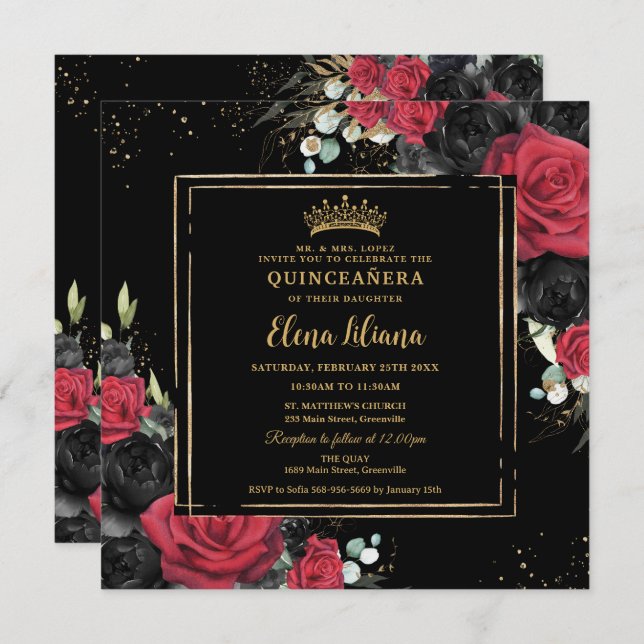 Invitation Rouge Noir Rose Floral Or Quinceanera Sweet 16 (Devant / Derrière)