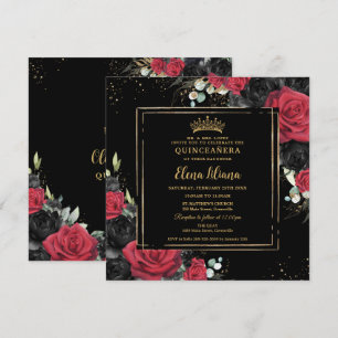 Invitation Rouge Noir Rose Floral Or Quinceanera Sweet 16