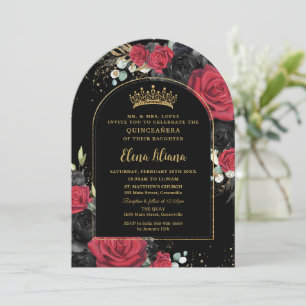 Invitation Rouge noir Rose Floral Quinceanera Sweet 16 Arc