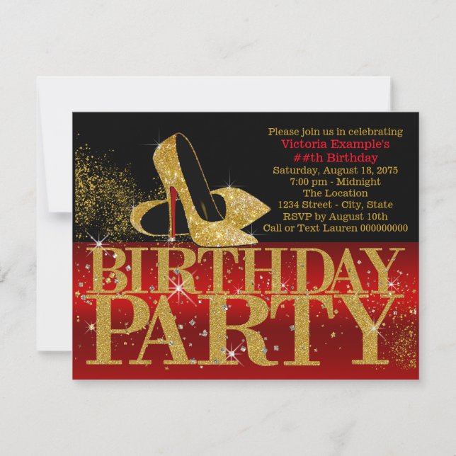 Invitation Rouge Noir Talon Haut Anniversaire Or (Devant)