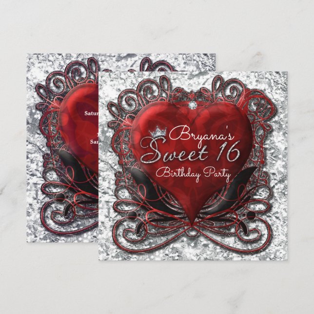 Invitation Rouge & Noir Valentine Coeur huile Look Sweet 16 (Devant / Derrière)