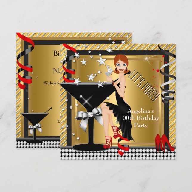 Invitation Rouge Or Argent Noir Martini Fête d'anniversaire 2 (Devant / Derrière)