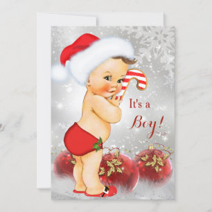 Invitation Rouge Or Blanc Noël Baby Shower Garçon Brunette